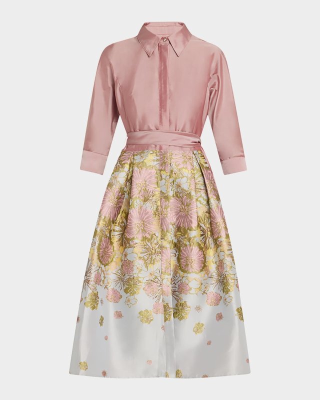 Pleated Floral Jacquard Midi Shirtdress